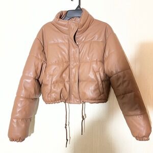 Love Tree Womens Faux Leather Puffer Jacket Tan Brown Cropped Quilted 8170JM M